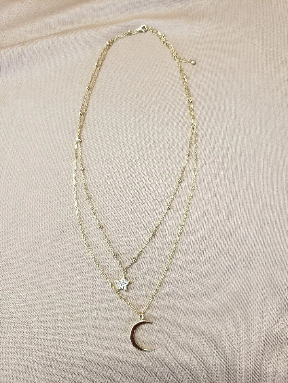 Sterling Silver Vermeil Double Strand Star with CZs and Crescent Moon Necklace